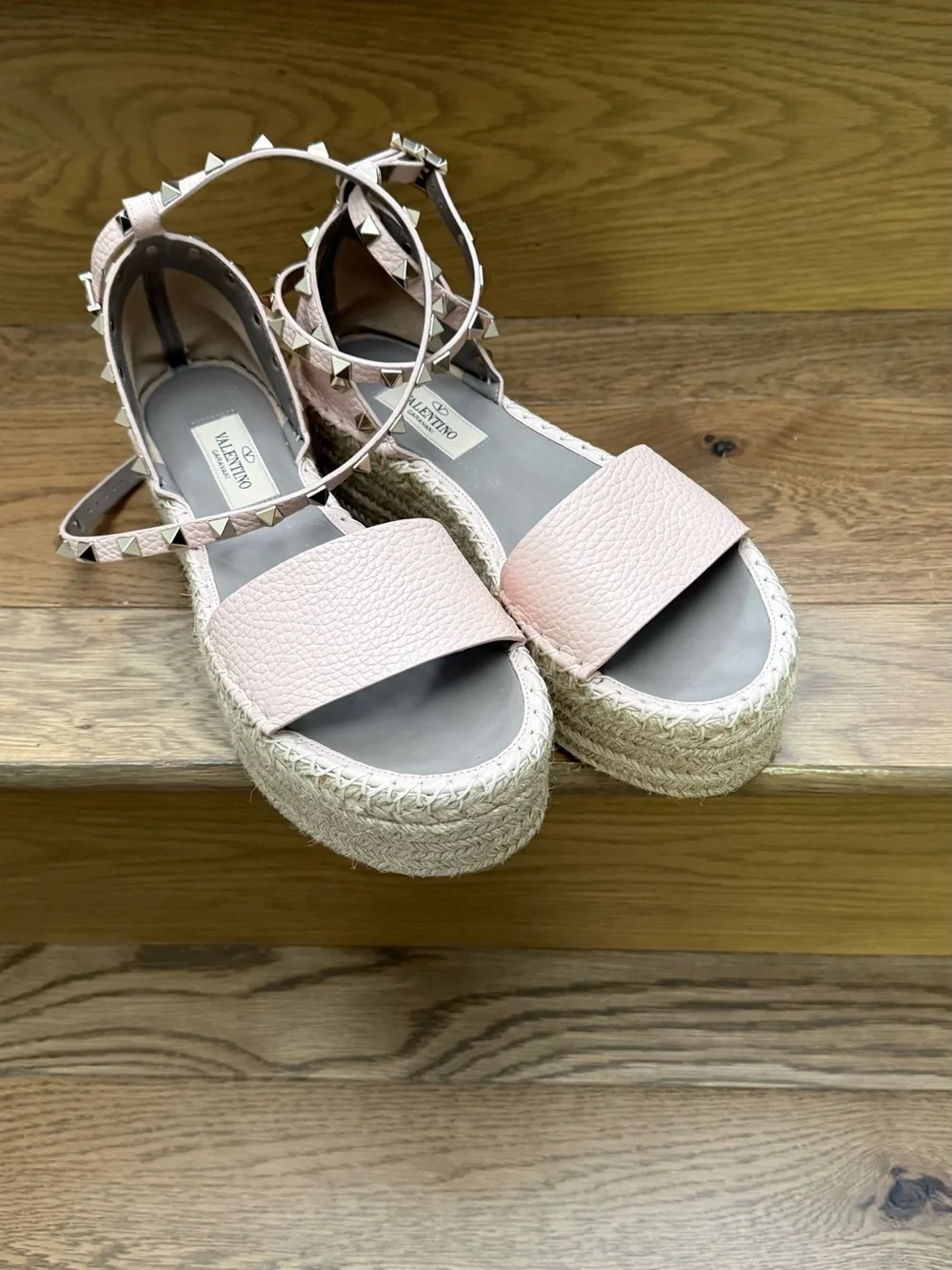 Valentino Light Pink Leather Studded Espadrille Wedges